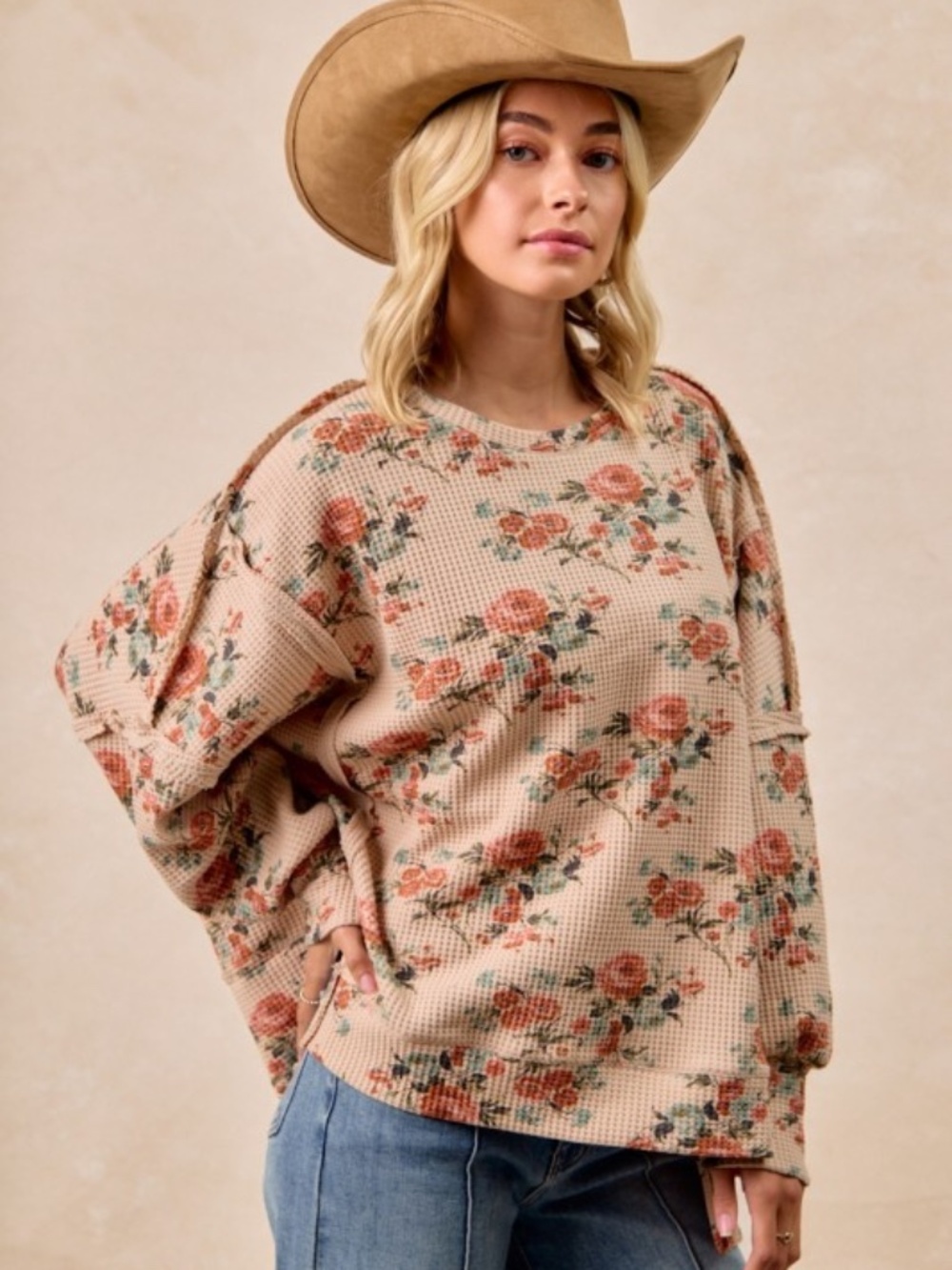 BIBI NWT Floral Waffle Knit Pullover Top Boho Cottagecore IT3426G - Picture 3 of 8